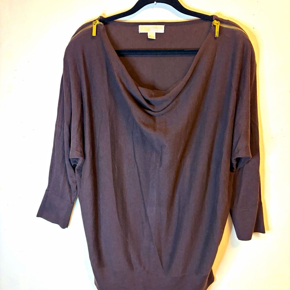 Michael Kors Brown Knit Cowl Neck Zipper Accent Pullover Sweater Large